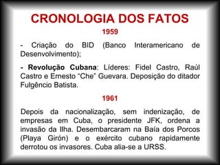 1959
- Criação do BID (Banco Interamericano de
Desenvolvimento);
- Revolução Cubana: Líderes: Fidel Castro, Raúl
Castro e Ernesto “Che” Guevara. Deposição do ditador
Fulgêncio Batista.
1961
empresas em Cuba, o presidente JFK, ordena
Depois da nacionalização, sem indenização, de
a
invasão da Ilha. Desembarcaram na Baía dos Porcos
(Playa Girón) e o exército cubano rapidamente
derrotou os invasores. Cuba alia-se a URSS.
CRONOLOGIA DOS FATOS
 