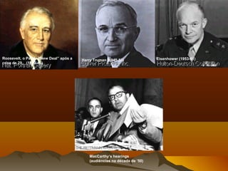 Roosevelt, o Pai do “New Deal” após a
crise de 29, (1933-45)
Harry Truman (1945-53)
MacCarthy’s hearings
(audiências na década de ’50)
Eisenhower (1953-61)
 