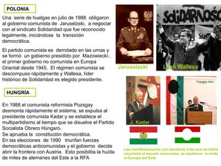 POLONIA
Una serie de huelgas en julio de 1988 obligaron
al gobierno comunista de Jaruselzski, a negociar
con el sindicato Solidaridad que fue reconocido
legalmente, iniciándose la transición
democrática.
El partido comunista es derrotado en las urnas y
se formó un gobierno presidido por Mazowiecki:.
el primer gobierno no comunista en Europa
Oriental desde 1945. El régimen comunista se
descompuso rápidamente y Wallesa, líder
histórico de Solidaridad es elegido presidente.
Jaruselzski Lech Wallesa
En 1988 el comunista reformista Pozsgay
desmonta rápidamente el sistema, se expulsa al
presidente comunista Kadar y se establece el
multipartidismo al tiempo que se disuelve el Partido
Socialista Obrero Húngaro.
Se aprueba la constitución democrática.
En las elecciones de 1990 triunfan fuerzas
democráticas anticomunistas y el gobierno decide
abrir la frontera con Austria. Esto posibilita la huída
de miles de alemanes del Este a la RFA
HUNGRÍA
J. Kadar
Las manifestaciones con banderas a las que se había
recortado el escudo comunista, se repitieron en toda
la Europa del Este
 
