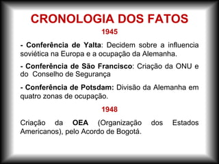 1945
- Conferência de Yalta: Decidem sobre a influencia
soviética na Europa e a ocupação da Alemanha.
- Conferência de São Francisco: Criação da ONU e
do Conselho de Segurança
- Conferência de Potsdam: Divisão da Alemanha em
quatro zonas de ocupação.
1948
Criação da OEA (Organização dos Estados
Americanos), pelo Acordo de Bogotá.
CRONOLOGIA DOS FATOS
 
