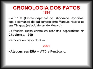 1994
- A FZLN (Frente Zapatista de Libertação Nacional),
sob o comando do subcomandante Marcus, revolta-se
em Chiapas (estado do sul do México);
- Ofensiva russa contra os rebeldes separatistas da
Chechênia. 1999
- Entrada em vigor do Euro.
2001
- Ataques aos EUA – WTC e Pentágono.
CRONOLOGIA DOS FATOS
 
