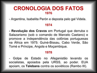 1976
- Argentina, Isabelita Perón e deposta pelo gal Videla.
1974
- Revolução dos Cravos em Portugal que derruba o
Salazarismo (sob o comando de Marcelo Caetano) e
promove a independência das colônias portuguesas
na África em 1975: Guiné-Bissau, Cabo Verde, São
Tomé e Príncipe, Angola e Moçambique.
1978
- Golpe de Estado no Afeganistão levando os
socialistas, apoiados pela URSS, ao poder. EUA
apoiam, os Talebans contra os soviéticos (Rambo III).
CRONOLOGIA DOS FATOS
 