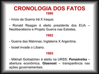 1980
- Início da Guerra Irã X Iraque;
- Ronald Reagan é eleito presidente dos EUA –
Neoliberalismo e Projeto Guerra nas Estrelas.
1982
- Guerra das Malvinas; Inglaterra X Argentina.
- Israel invade o Líbano.
1985
- Mikhail Gorbatchev é eleito na URSS: Perestroika –
abertura econômica. Glasnost – transparência nas
ações governamentais.
CRONOLOGIA DOS FATOS
 