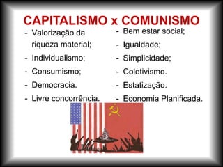- Valorização da
riqueza material;
- Individualismo;
- Consumismo;
- Democracia.
- Livre concorrência.
CAPITALISMO x COMUNISMO
- Bem estar social;
- Igualdade;
- Simplicidade;
- Coletivismo.
- Estatização.
- Economia Planificada.
 