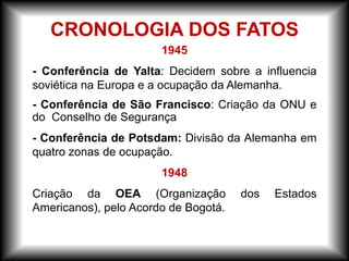 1945
- Conferência de Yalta: Decidem sobre a influencia
soviética na Europa e a ocupação da Alemanha.
- Conferência de São Francisco: Criação da ONU e
do Conselho de Segurança
- Conferência de Potsdam: Divisão da Alemanha em
quatro zonas de ocupação.
1948
Criação da OEA (Organização dos Estados
Americanos), pelo Acordo de Bogotá.
CRONOLOGIA DOS FATOS
 