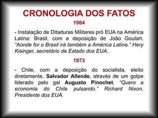 1964
- Instalação de Ditaduras Militares pró EUA na América
Latina: Brasil, com a deposição de João Goulart.
“Aonde for o Brasil irá também a América Latina.” Hery
Kisinger, secretário de Estado dos EUA.
1973
- Chile, com a deposição do socialista, eleito
diretamente, Salvador Allende, através de um golpe
liderado pelo gal Augusto Pinochet. “Quero a
economia do Chile pulsando.” Richard Nixon,
Presidente dos EUA.
CRONOLOGIA DOS FATOS
 