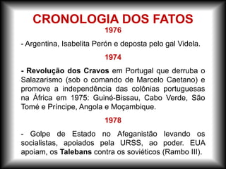 1976
- Argentina, Isabelita Perón e deposta pelo gal Videla.
1974
- Revolução dos Cravos em Portugal que derruba o
Salazarismo (sob o comando de Marcelo Caetano) e
promove a independência das colônias portuguesas
na África em 1975: Guiné-Bissau, Cabo Verde, São
Tomé e Príncipe, Angola e Moçambique.
1978
- Golpe de Estado no Afeganistão levando os
socialistas, apoiados pela URSS, ao poder. EUA
apoiam, os Talebans contra os soviéticos (Rambo III).
CRONOLOGIA DOS FATOS
 