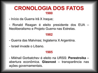 1980
- Início da Guerra Irã X Iraque;
- Ronald Reagan é eleito presidente dos EUA –
Neoliberalismo e Projeto Guerra nas Estrelas.
1982
- Guerra das Malvinas; Inglaterra X Argentina.
- Israel invade o Líbano.
1985
- Mikhail Gorbatchev é eleito na URSS: Perestroika –
abertura econômica. Glasnost – transparência nas
ações governamentais.
CRONOLOGIA DOS FATOS
 