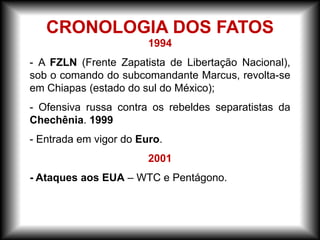 1994
- A FZLN (Frente Zapatista de Libertação Nacional),
sob o comando do subcomandante Marcus, revolta-se
em Chiapas (estado do sul do México);
- Ofensiva russa contra os rebeldes separatistas da
Chechênia. 1999
- Entrada em vigor do Euro.
2001
- Ataques aos EUA – WTC e Pentágono.
CRONOLOGIA DOS FATOS
 