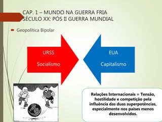 CAP. 1 – MUNDO NA GUERRA FRIA
SÉCULO XX: PÓS II GUERRA MUNDIAL
 Geopolítica Bipolar
URSS
Socialismo
EUA
Capitalismo
Relações Internacionais = Tensão,
hostilidade e competição pela
influência das duas superpotências,
especialmente nos países menos
desenvolvidos.
 