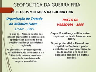 OS BLOCOS MILITARES DA GUERRA FRIA
Organização do Tratado
do Atlântico Norte –
OTAN – 1949
O que é? – Aliança militar das
nações capitalistas ocidentais em
oposição aos países do bloco
socialista (aliança para defesa
regional).
O pretendia? – Preservação da
estabilidade, do bem-estar e da
liberdade de seus membros
através de um sistema de
segurança coletiva.
PACTO DE
VARSÓVIA – 1955
O que é? – Aliança militar entre
os países do Leste Europeu e a
URSS.
O que pretendia? – Firmado na
capital da Polônia o pacto
estabelecia o compromisso de
ajuda mútua em caso de
agressão armada de outras
nações.
GEOPOLÍTICA DA GUERRA FRIA
 