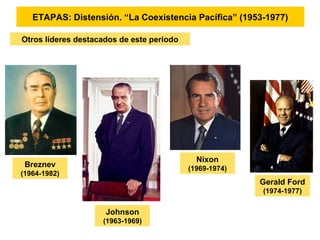 ETAPAS: Distensión. “La Coexistencia Pacífica” (1953-1977)
Otros líderes destacados de este periodo
Breznev
(1964-1982)
Johnson
(1963-1969)
Nixon
(1969-1974)
Gerald Ford
(1974-1977)
 