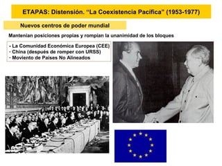 ETAPAS: Distensión. “La Coexistencia Pacífica” (1953-1977)
Nuevos centros de poder mundial
Mantenían posiciones propias y rompían la unanimidad de los bloques
- La Comunidad Económica Europea (CEE)
- China (después de romper con URSS)
- Moviento de Países No Alineados
 