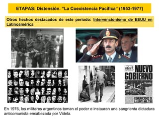 ETAPAS: Distensión. “La Coexistencia Pacífica” (1953-1977)
Otros hechos destacados de este periodo: Intervencionismo de EEUU en
Latinoamérica
En 1976, los militares argentinos toman el poder e instauran una sangrienta dictadura
anticomunista encabezada por Videla.
 