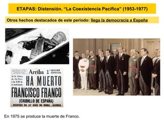 ETAPAS: Distensión. “La Coexistencia Pacífica” (1953-1977)
Otros hechos destacados de este periodo: llega la democracia a España
En 1975 se produce la muerte de Franco.
 