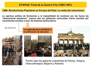 ETAPAS: Final de la Guerra Fría (1985-1991)
1989: Revoluciones Populares en Europa del Este: La caida del comunismo
Se inició con
La caída del muro de Berlín y
la unificación de alemania
La apertura política de Gorbachov y la imposiblidad de mantener por las fuerza las
“democracias populares”, supuso que los gobiernos comunistas fueran barridos por
movimientos sociales a favor de sistemas democráticos
Pronto caen los gobierno comunistas de Polonia, Hungría,
Choecoslovaquia, Bulgaria y Rumania
 