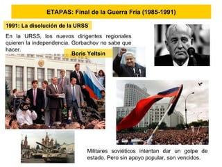 ETAPAS: Final de la Guerra Fría (1985-1991)
1991: La disolución de la URSS
En la URSS, los nuevos dirigentes regionales
quieren la independencia. Gorbachov no sabe que
hacer.
Militares soviéticos intentan dar un golpe de
estado. Pero sin apoyo popular, son vencidos.
Boris Yeltsin
 