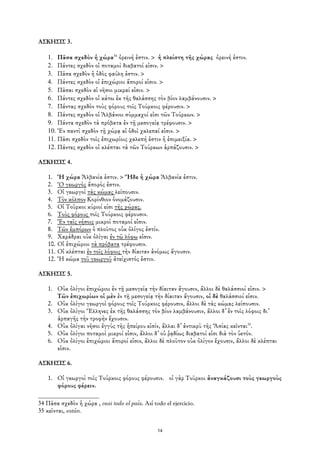 ΑΣΚΗΣΙΣ 3.

    1. Πᾶσα σχεδὸν ἡ χώρα34 ὀρεινή ἐστιν. > ἡ πλείστη τῆς χώρας ὀρεινή ἐστιν.
    2. Πάντες σχεδὸν οἱ ποταμοὶ διαβατοί εἰσιν. >
    3. Πᾶσα σχεδὸν ἡ ὁδὸς φαύλη ἐστιν. >
    4. Πάντες σχεδὸν οἱ ἐπιχώριοι ἄποροί εἰσιν. >
    5. Πᾶσαι σχεδὸν αἱ νῆσοι μικραί εἰσιν. >
    6. Πάντες σχεδὸν οἱ κάτω ἐκ τῆς θαλάσσης τὸν βίον λαμβάνουσιν. >
    7. Πάντας σχεδὸν τοὺς φόρους τοῖς Τούρκοις φέρουσιν. >
    8. Πάντες σχεδὸν οἱ Ἀλβάνιοι σύμμαχοί εἰσι τῶν Τούρκων. >
    9. Πάντα σχεδὸν τὰ πρόβατα ἐν τῇ μεσογείᾳ τρέφουσιν. >
    10. Ἐν παντὶ σχεδὸν τῇ χώρᾳ αἱ ὁδοὶ χαλεπαί εἰσιν. >
    11. Πᾶσι σχεδὸν τοῖς ἐπιχωρίοις χαλεπή ἐστιν ἡ ἐπιμειξία. >
    12. Πάντες σχεδὸν οἱ κλέπται τὰ τῶν Τούρκων ἁρπάζουσιν. >

ΑΣΚΗΣΙΣ 4.

    1.    Ἡ χώρα Ἀλβανία ἐστιν. > Ἥδε ἡ χώρα Ἀλβανία ἐστιν.
    2.    Ὁ γεωργὸς ἄπορός ἐστιν.
    3.    Οἱ γεωργοὶ τὰς κώμας λείπουσιν.
    4.    Τὸν κόλπον Κορίνθιον ὀνομάζουσιν.
    5.    Οἱ Τοῦρκοι κύριοί είσι τῆς χώρας.
    6.    Τοὺς φόρους τοῖς Τούρκοις φέρουσιν.
    7.    Ἐν ταῖς νήσοις μικροὶ ποταμοί εἰσιν.
    8.    Τῶν ἐμπόρων ὁ πλοῦτος οὐκ ὀλίγος ἐστίν.
    9.    Χαράδραι οὐκ ὀλίγαι ἐν τῷ λόφῳ εἰσιν.
    10.   Οἱ ἐπιχώριοι τὰ πρόβατα τρέφουσιν.
    11.   Οἱ κλέπται ἐν τοῖς λόφοις τὴν δίαιταν ἀνόμως ἄγουσιν.
    12.   Ἡ κώμα τοῦ γεωργοῦ ἀτείχιστός ἐστιν.

ΑΣΚΗΣΙΣ 5.

    1. Οὐκ ὀλίγοι ἐπιχώριοι ἐν τῇ μεσογείᾳ τὴν δίαιταν ἄγουσιν, ἄλλοι δὲ θαλάσσιοί εἰσιν. >
       Τῶν ἐπιχωρίων οἱ μὲν ἐν τῇ μεσογείᾳ τὴν δίαιταν ἄγουσιν, οἱ δὲ θαλάσσιοί εἰσιν.
    2. Οὐκ ὀλίγοι γεωργοὶ φόρους τοῖς Τούρκοις φέρουσιν, ἄλλοι δὲ τὰς κώμας λείπουσιν.
    3. Οὐκ ὀλίγοι Ἕλληνες ἐκ τῆς θαλάσσης τὸν βίον λαμβάνουσιν, ἄλλοι δ᾿ ἐν τοῖς λόφοις δι᾿
       ἁρπαγῆς τὴν τροφὴν ἔχουσιν.
    4. Οὐκ ὀλίγαι νῆσοι ἐγγὺς τῆς ἡπείρου εἰσίν, ἄλλαι δ᾿ ἀντικρὺ τῆς Ἄσίας κεῖνται35.
    5. Οὐκ ὀλίγοι ποταμοὶ μικροί εἰσιν, ἄλλοι δ᾿ οὐ ῥᾳδίως διαβατοί εἰσι διὰ τὸν ὑετόν.
    6. Οὐκ ὀλίγοι ἐπιχώριοι ἄποροί εἰσιν, ἄλλοι δὲ πλοῦτον οὐκ ὀλίγον ἔχουσιν, ἄλλοι δὲ κλέπται
       εἰσιν.

ΑΣΚΗΣΙΣ 6.

    1. Οἱ γεωργοὶ τοῖς Τούρκοις φόρους φέρουσιν. οἱ γὰρ Τοῦρκοι ἀναγκάζουσι τοὺς γεωργοὺς
       φόρους φέρειν.

34 Πᾶσα σχεδὸν ἡ χώρα , casi todo el país. Así todo el ejercicio.
35 κεῖνται, están.


                                                 14
 