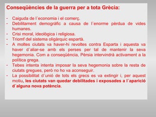 Conseqüències de la guerra per a tota Grècia:
- Caiguda de l´economia i el comerç.
- Debilitament demogràfic a causa de l´enorme pèrdua de vides
humanes.
- Crisi moral, ideològica i religiosa.
- Triomf del sistema oligàrquic espartà.
- A moltes ciutats va haver-hi revoltes contra Esparta i aquesta va
haver d´aliar-se amb els perses per tal de mantenir la seva
hegemonia. Com a conseqüència, Pèrsia intervindrà activament a la
política grega.
- Tebes intenta intenta imposar la seva hegemonia sobre la resta de
ciutats gregues, però no ho va aconseguir.
- La possibilitat d´unió de tots els grecs es va extingir i, per aquest
motiu, les ciutats van quedar debilitades i exposades a l´aparició
d´alguna nova potència.
 