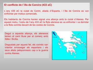 El conflicte de l´illa de Corcira (433 aC)
L´any 435 aC la ciutat de Corint, aliada d´Esparta, i l´illa de Corcira es van
enfrontar per motius comercials.
Els habitants de Corcira havien signat una aliança amb la ciutat d´Atenes. Per
aquest motiu, l´estiu de l´any 433 aC la flota atenesa es va enfrontar i va derrotar
a la flota corintia davant de les costes de Corcira.
Degut a aquesta aliança, els atenesos
tenien el camí lliure per al comerç amb
Itàlia i Sicília.
Disgustats per aquest fet, els corintis van
intentar arrossegar els espartans i els
seus aliats peloponnesis cap a la guerra
contra Atenes.
 