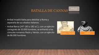 BATALLA DE CANNAS
• Aníbal invadió Italia para debilitar a Roma y
separarla de sus aliados italianos.
• Aníbal Barca (247-183 o 182 a.C.), con un ejército
cartaginés de 50.000 hombres, se enfrentó a los
cónsules romanos Paulo y Varrón, con un ejército
de 86.000 hombres.
216 a.C.
Paulo y Varrón Aníbal
 