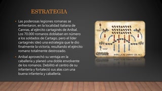 ESTRATEGIA
• Las poderosas legiones romanas se
enfrentaron, en la localidad italiana de
Cannas, al ejército cartaginés de Aníbal.
Los 70.000 romanos doblaban en número
a los soldados de Cartago, pero el líder
cartaginés ideó una estrategia que le dio
finalmente la victoria, resultando el ejército
romano totalmente destrozado.
• Aníbal aprovechó su ventaja en la
caballería y planeó una doble envolvente
de los romanos. Debilitó el centro de su
infantería y fortaleció sus alas con una
buena infantería y caballería.
 