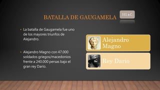 BATALLA DE GAUGAMELA
• La batalla de Gaugamela fue uno
de los mayores triunfos de
Alejandro.
• Alejandro Magno con 47.000
soldados griegos/macedonios
frente a 240.000 persas bajo el
gran rey Darío.
Alejandro
Magno
Rey Dario
331 a.C.
 