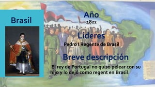 1822
Pedro I Regente de Brasil
El rey de Portugal no quiso pelear con su
hijo y lo dejó como regent en Brasil.
Año
Líderes
Breve descripción
 