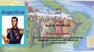 Año
1816
Líderes
José de San Martín
Breve descripción:
San Martin se incorporó a la Guerra que se
libraba en argentina afirmando su
independencia.
 