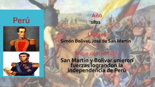 Año
1821
Líderes
Simón Bolivar, José de San Martín
Breve descripción:
San Martín y Bolivar unieron
fuerzas lograndon la
independencia de Perú
 