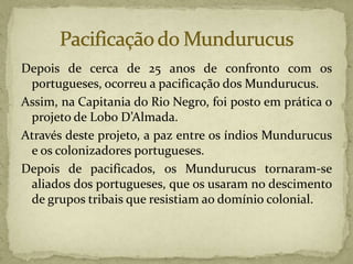 Depois de cerca de 25 anos de confronto com os
portugueses, ocorreu a pacificação dos Mundurucus.
Assim, na Capitania do Rio Negro, foi posto em prática o
projeto de Lobo D’Almada.
Através deste projeto, a paz entre os índios Mundurucus
e os colonizadores portugueses.
Depois de pacificados, os Mundurucus tornaram-se
aliados dos portugueses, que os usaram no descimento
de grupos tribais que resistiam ao domínio colonial.
 
