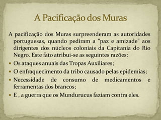 A pacificação dos Muras surpreenderam as autoridades
portuguesas, quando pediram a “paz e amizade” aos
dirigentes dos núcleos coloniais da Capitania do Rio
Negro. Este fato atribui-se as seguintes razões:
 Os ataques anuais das Tropas Auxiliares;
 O enfraquecimento da tribo causado pelas epidemias;
 Necessidade de consumo de medicamentos e
ferramentas dos brancos;
 E , a guerra que os Mundurucus faziam contra eles.
 