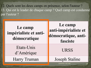 09/06/09   10:56 AM 12. Quels sont les deux camps en présence, selon l'auteur ? 13. Qui est le leader de chaque camp ? Quel camp est condamné par l'auteur ?   Le camp  impérialiste et anti-démocratique Le camp anti-impérialiste et démocratique, anti-fasciste Etats-Unis d’Amérique URSS Harry Truman Joseph Staline 