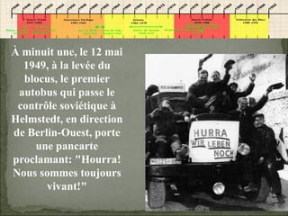 09/06/09   10:56 AM À minuit une, le 12 mai 1949, à la levée du blocus, le premier autobus qui passe le contrôle soviétique à Helmstedt, en direction de Berlin-Ouest, porte une pancarte proclamant: "Hourra! Nous sommes toujours vivant!" 