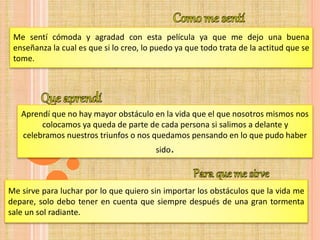 Me sentí cómoda y agradad con esta película ya que me dejo una buena
enseñanza la cual es que si lo creo, lo puedo ya que todo trata de la actitud que se
tome.
Aprendí que no hay mayor obstáculo en la vida que el que nosotros mismos nos
colocamos ya queda de parte de cada persona si salimos a delante y
celebramos nuestros triunfos o nos quedamos pensando en lo que pudo haber
sido.
Me sirve para luchar por lo que quiero sin importar los obstáculos que la vida me
depare, solo debo tener en cuenta que siempre después de una gran tormenta
sale un sol radiante.
 