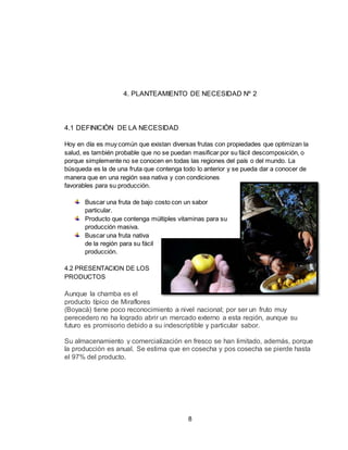 8
4. PLANTEAMIENTO DE NECESIDAD Nº 2
4.1 DEFINICIÓN DE LA NECESIDAD
Hoy en día es muy común que existan diversas frutas con propiedades que optimizan la
salud, es también probable que no se puedan masificar por su fácil descomposición, o
porque simplemente no se conocen en todas las regiones del país o del mundo. La
búsqueda es la de una fruta que contenga todo lo anterior y se pueda dar a conocer de
manera que en una región sea nativa y con condiciones
favorables para su producción.
Buscar una fruta de bajo costo con un sabor
particular.
Producto que contenga múltiples vitaminas para su
producción masiva.
Buscar una fruta nativa
de la región para su fácil
producción.
4.2 PRESENTACION DE LOS
PRODUCTOS
Aunque la chamba es el
producto típico de Miraflores
(Boyacá) tiene poco reconocimiento a nivel nacional; por ser un fruto muy
perecedero no ha logrado abrir un mercado externo a esta región, aunque su
futuro es promisorio debido a su indescriptible y particular sabor.
Su almacenamiento y comercialización en fresco se han limitado, además, porque
la producción es anual. Se estima que en cosecha y pos cosecha se pierde hasta
el 97% del producto.
 