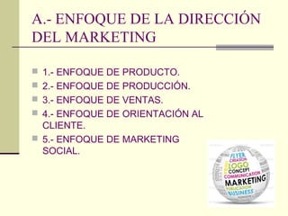 A.- ENFOQUE DE LA DIRECCIÓN
DEL MARKETING
 1.- ENFOQUE DE PRODUCTO.
 2.- ENFOQUE DE PRODUCCIÓN.
 3.- ENFOQUE DE VENTAS.
 4.- ENFOQUE DE ORIENTACIÓN AL

CLIENTE.
 5.- ENFOQUE DE MARKETING
SOCIAL.

 