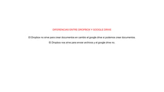DIFERENCIAS ENTRE DROPBOX Y GOOGLE DRIVE
El Dropbox no sirve para crear documentos en cambio el google drive si podemos crear documentos.
El Dropbox nos sirve para enviar archivos y el google drive no.
 