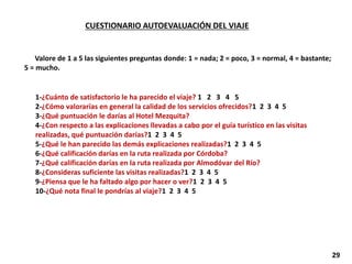 CUESTIONARIO AUTOEVALUACIÓN DEL VIAJE
29
Valore de 1 a 5 las siguientes preguntas donde: 1 = nada; 2 = poco, 3 = normal, 4 = bastante;
5 = mucho.
1-¿Cuánto de satisfactorio le ha parecido el viaje? 1 2 3 4 5
2-¿Cómo valorarías en general la calidad de los servicios ofrecidos?1 2 3 4 5
3-¿Qué puntuación le darías al Hotel Mezquita?
4-¿Con respecto a las explicaciones llevadas a cabo por el guía turístico en las visitas
realizadas, qué puntuación darías?1 2 3 4 5
5-¿Qué le han parecido las demás explicaciones realizadas?1 2 3 4 5
6-¿Qué calificación darías en la ruta realizada por Córdoba?
7-¿Qué calificación darías en la ruta realizada por Almodóvar del Río?
8-¿Consideras suficiente las visitas realizadas?1 2 3 4 5
9-¿Piensa que le ha faltado algo por hacer o ver?1 2 3 4 5
10-¿Qué nota final le pondrías al viaje?1 2 3 4 5
 