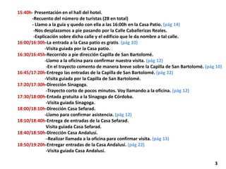 15:40h- Presentación en el hall del hotel.
-Recuento del número de turistas (28 en total)
- Llamo a la guía y quedo con ella a las 16:00h en la Casa Patio. (pág 14)
-Nos desplazamos a pie pasando por la Calle Caballerizas Reales.
-Explicación sobre dicha calle y el edificio que le da nombre a tal calle.
16:00/16:30h-La entrada a la Casa patio es gratis. (pág 10)
-Visita guiada por la Casa patio.
16:30/16:45h-Recorrido a pie dirección Capilla de San Bartolomé.
-Llamo a la oficina para confirmar nuestra visita. (pág 12)
-En el trayecto comento de manera breve sobre la Capilla de San Bartolomé. (pág 10)
16:45/17:20h-Entrego las entradas de la Capilla de San Bartolomé. (pág 22)
-Visita guiada por la Capilla de San Bartolomé.
17:20/17:30h-Dirección Sinagoga.
-Trayecto corto de pocos minutos. Voy llamando a la oficina. (pág 12)
17:30/18:00h-Entada gratuita a la Sinagoga de Córdoba.
-Visita guiada Sinagoga.
18:00/18:10h-Dirección Casa Sefarad.
-Llamo para confirmar asistencia. (pág 12)
18:10/18:40h-Entrega de entradas de la Casa Sefarad.
Visita guiada Casa Sefarad.
18:40/18:50h-Dirección Casa Andalusí.
--Realizar llamada a la oficina para confirmar visita. (pág 13)
18:50/19:20h-Entregar entradas de la Casa Andalusí. (pág 22)
-Visita guiada Casa Andalusí.
3
 