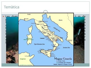 Temàtica
 Les dues escultures van ser trobades el 1972 a 7 m de

profunditat entre les restes d’un naufragi, a prop del poble de
Riace, situat a 4 km del mar Jònic, al nord-oest de la província
de Reggio di Calabria. Aquesta localització es relaciona amb
l'enfonsament d’un vaixell el destí del qual devia ser la Magna
Grècia, és a dir, les colònies del sud d’Itàlia. Això n’ha dificultat
la interpretació, però recentment s’ha identificat cada
escultura amb un dels guerrers de nom Àiax que van participar
en la guerra de Troia segons la narració que Homer en va fer a
la Illada.

 