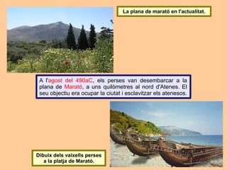 La plana de marató en l'actualitat.




 A l'agost del 490aC, els perses van desembarcar a la
 plana de Marató, a uns quilòmetres al nord d'Atenes. El
 seu objectiu era ocupar la ciutat i esclavitzar els atenesos.




Dibuix dels vaixells perses
   a la platja de Marató.
 