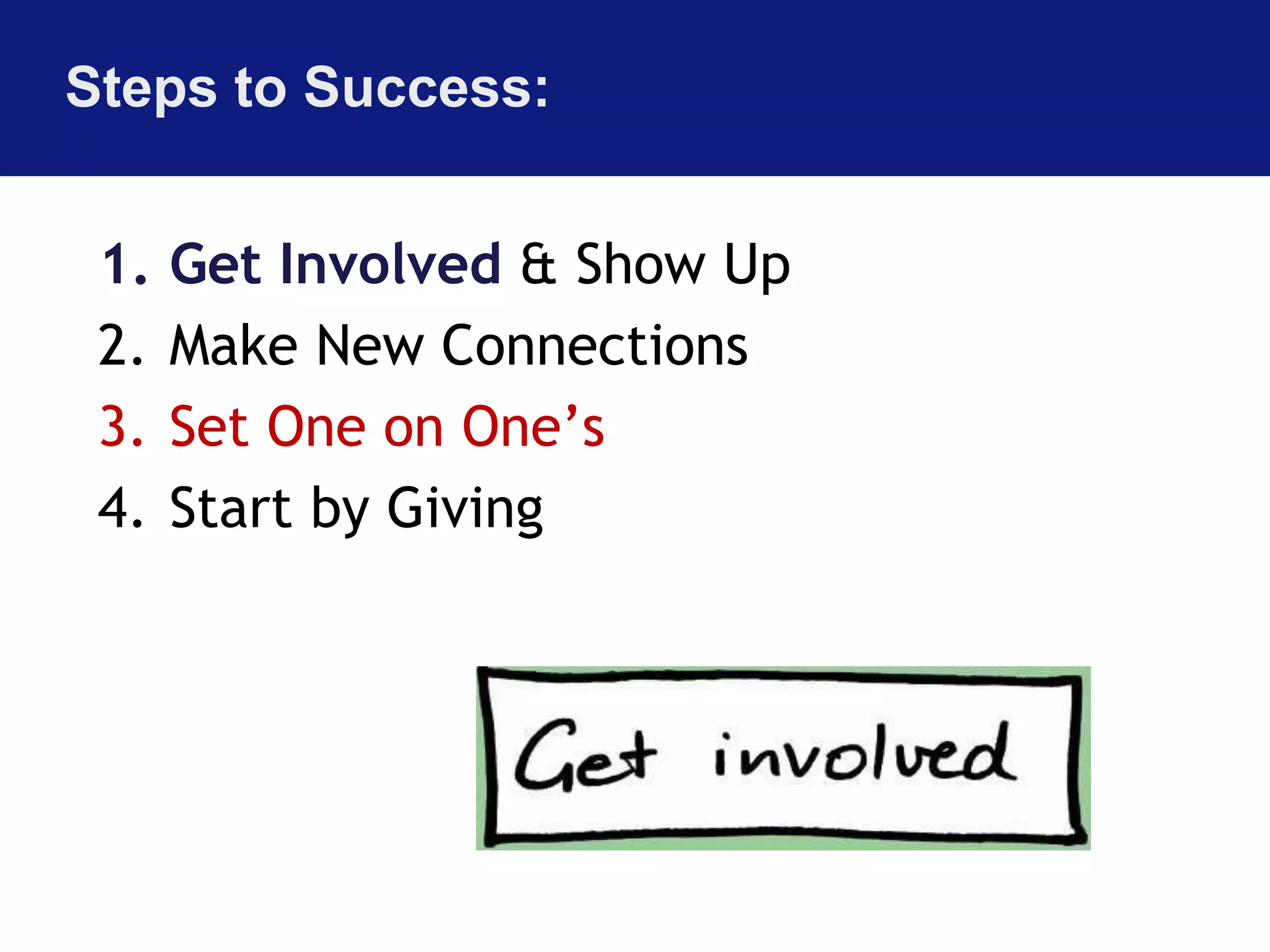 Steps to Success: 
1. Get Involved & Show Up 
2. Make New Connections 
3. Set One on One’s 
4. Start by Giving 
 