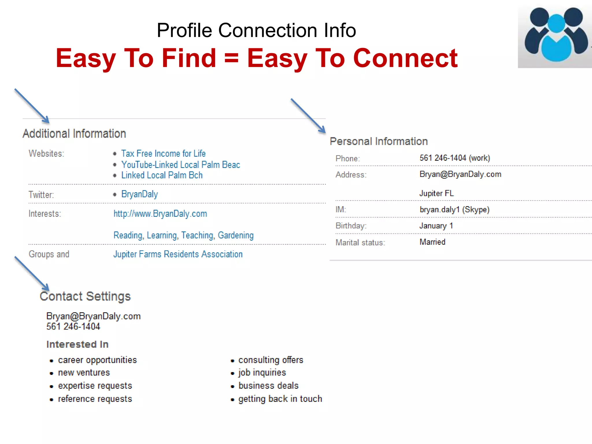 Profile Connection Info 
Easy To Find = Easy To Connect 
 