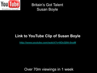 Britain’s Got Talent
                                  Susan Boyle




               Link to YouTube Clip of Susan Boyle
                      http://www.youtube.com/watch?v=8OcQ9A-5noM




http://goo.gl/j9kps      Over 70m viewings in 1 week               49
 