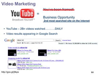 Video Marketing
                                You’ve been framed!
                           =
                                Business Opportunity
                                 2nd most searched site on the internet


  • YouTube – 2Bn videos watched………..DAILY
  • Video results appearing in Google Search




http://goo.gl/j9kps                                                       52
 