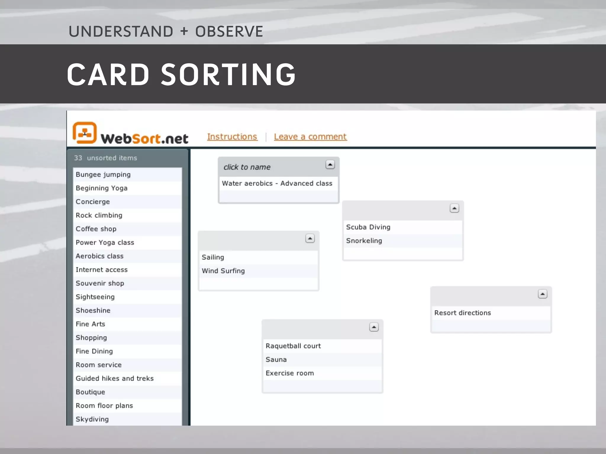 understand + observe

CARD SORTING
 