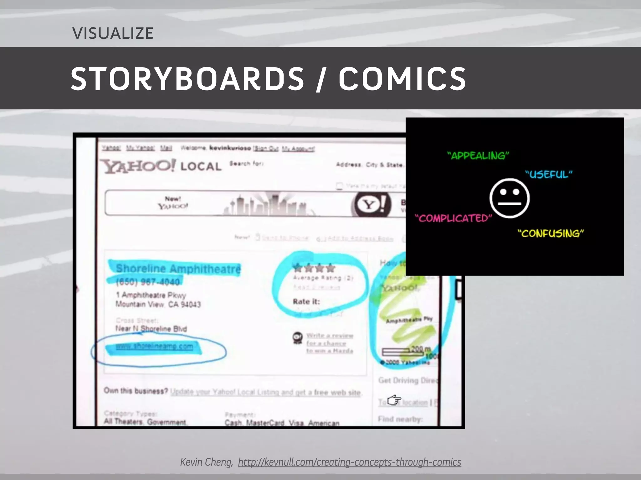 visualize

STORYBOARDS / COMICS




            Kevin Cheng, http://kevnull.com/creating-concepts-through-comics
 