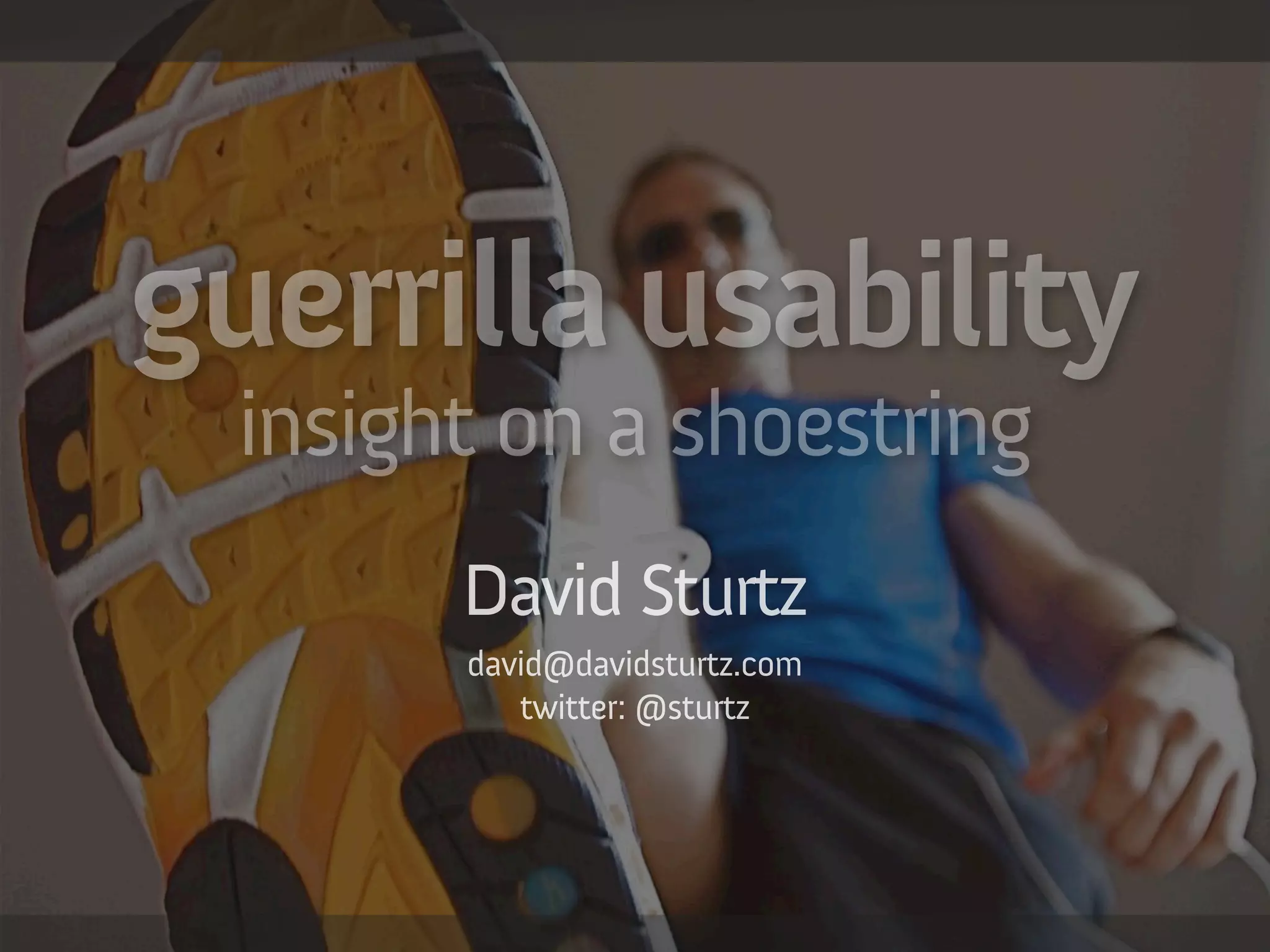 guerrilla usability
  insight on a shoestring
        David Sturtz
        david@davidsturtz.com
           twitter: @sturtz
 