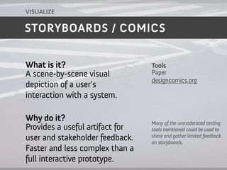 visualize

STORYBOARDS / COMICS


What is it?                      Tools
A scene-by-scene visual          Paper
                                 designcomics.org
depiction of a user’s
interaction with a system.

Why do it?                       Many of the unmoderated testing
Provides a useful artifact for   tools mentioned could be used to
                                 share and gather limited feedback
user and stakeholder feedback.   on storyboards.
Faster and less complex than a
full interactive prototype.
 